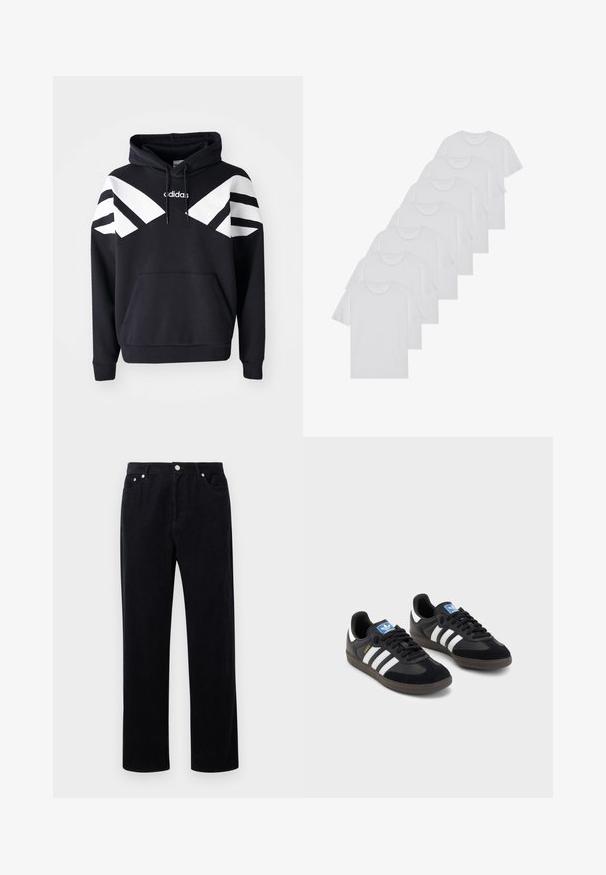 Sudadera con capucha negra que presenta franjas diagonales blancas en el pecho y las mangas, bolsillo frontal y logotipo en la parte superior del pecho.; Camisetas de algodón blancas, de manga corta, con diseño de cuello redondo, textura lisa, apiladas en una fila, con un sutil logo en el cuello.; Pantalones de pana negra con diseño de pierna recta, que cuentan con un cierre de botón y cremallera, cinco bolsillos y un tejido suave y texturizado.; Zapatillas negras con un upper de ante y sintético, con tres rayas blancas, suela de goma texturizada y etiqueta de logo azul en la lengüeta.