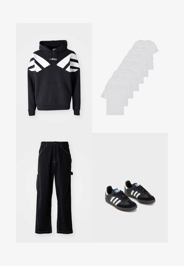 Schwarzer Kapuzenpullover mit weißen diagonalen Streifen über der Brust und den Ärmeln, einer Vorderasche und einem Logo auf der oberen Brust.; Weiße Baumwoll-T-Shirts, kurze Ärmel, Rundhals-Design, schlichte Textur, in einer Reihe gestapelt, mit dezentem Branding am Hals.; Schwarze Cargo-Hosen mit einer lockeren Passform, featuring einem Kordelzugbund, seitlichen Taschen und kontrastierenden weißen Nähten.; Schwarze Sneaker mit einem Obermaterial aus Wildleder und Synthetik, ausgestattet mit drei weißen Streifen, einer strukturierten Gummi-Sohle und einem blauen Logo-Tag auf der Zunge.
