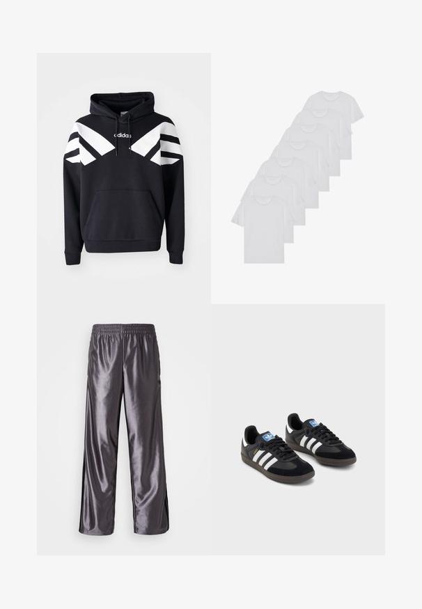 Sweatshirt preto com capuz, apresentando riscas diagonais brancas no peito e nas mangas, bolso frontal e logótipo na parte superior do peito.; T-shirts brancos de algodão, mangas curtas, design de gola redonda, com textura lisa, empilhados em fila, com uma marcação subtil na gola.; Calças atléticas cinzas brilhantes, com um corte solto, um cós elástico e acentos laterais pretos. A textura parece elegante e suave.; Sneakers pretos com parte superior em camurça e sintético, apresentando três riscas brancas, sola de borracha texturizada e etiqueta azul no linguete.