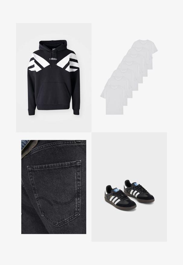 Fekete kapucnis pulóver, fehér diagonális csíkokkal a mellkason és az ujjakon, elülső zsebbel és logóval a mellkason.; Fehér pamut pólók, rövid ujjúak, kerek nyak kialakítással, sima textúrával, sorba rakva, diszkrét logóval a nyaknál.; Fekete farmernadrág, a hátsó zseb finom varrási részletekkel. A textúra enyhén kopott, puha, fakó felülettel.; Fekete sportcipők, velúrból és szintetikus anyagból készült felsőrésszel, három fehér csíkkal, textúrázott gumitalppal és kék logó címkével a nyelvén.
