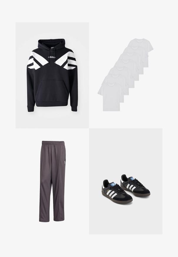 Juoda gobtuvinė megztinė su baltais įstrižais raštais per krūtinę ir rankoves, priekyje kišenė ir logotipas viršutinėje krūtinės dalyje.; Baltos medvilninės marškinėliai, trumpomis rankovėmis, apvaliu kaklu, lygia tekstūra, sušluoti į eilę, su subtiliu prekės ženklu ant kaklo.; Pilkos sportinės kelnės, pagamintos iš lengvos medžiagos. Savybės - elastinga juosmens juosta ir tiesus kirpimas. Yra mažas logotipas šone.; Juodi sportiniai bateliai su zomšos ir sintetine viršutine dalimi, turintys tris baltas juosteles, tekstūruotą gumos pado paviršių ir mėlyną logotipo etiketę ant liežuvėlio.