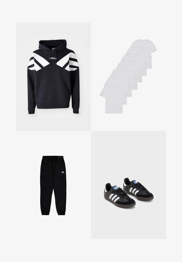 Sweatshirt preto com capuz, apresentando riscas diagonais brancas no peito e nas mangas, bolso frontal e logótipo na parte superior do peito.; T-shirts brancos de algodão, mangas curtas, design de gola redonda, com textura lisa, empilhados em fila, com uma marcação subtil na gola.; Calças de corrida pretas feitas de um tecido macio e elástico. Apresentam uma cintura elástica com cordão e punhos elásticos. Pequeno logotipo branco na anca.; Sneakers pretos com parte superior em camurça e sintético, apresentando três riscas brancas, sola de borracha texturizada e etiqueta azul no linguete.