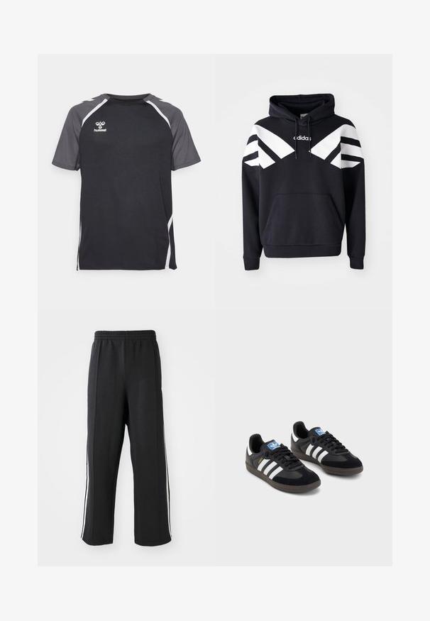 Juoda gobtuvinė megztinė su baltais įstrižais raštais per krūtinę ir rankoves, priekyje kišenė ir logotipas viršutinėje krūtinės dalyje.; Juoda sportinė marškinė su pilkomis akcentų juostomis, trumpomis rankovėmis, apvaliu iškirpimu, baltomis detalėmis per pečius ir spaudiniu ant krūtinės.; Juodos sportinės kelnės su elastinga juosmens juosta, turinčios baltas šonines juosteles ir laisvą prigludimą. Pagamintos iš minkštos, tamprios medžiagos.; Juodi sportiniai bateliai su zomšos ir sintetine viršutine dalimi, turintys tris baltas juosteles, tekstūruotą gumos pado paviršių ir mėlyną logotipo etiketę ant liežuvėlio.