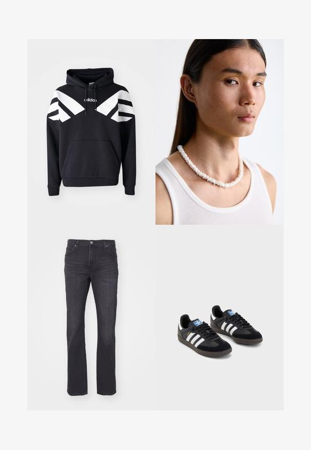 Sweatshirt preto com capuz, apresentando riscas diagonais brancas no peito e nas mangas, bolso frontal e logótipo na parte superior do peito.; Jeans de denim escuro com um design de perna reta, apresentando um estilo clássico de cinco bolsos e um fecho de botão único na cintura.; Sneakers pretos com parte superior em camurça e sintético, apresentando três riscas brancas, sola de borracha texturizada e etiqueta azul no linguete.; Colar de conchas brancas composto por formas irregulares, usado sobre uma camisola justa branca. Textura suave com um brilho subtil, design justo.