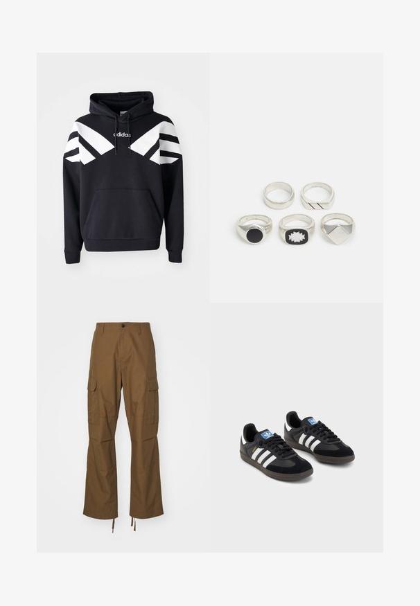 Black hooded sweatshirt featuring white diagonal stripes across the chest and sleeves, front pocket, and logo on the upper chest.; Brown cargo pants made of textured fabric, featuring a straight-leg design, side pockets, and adjustable hem ties.; Black sneakers with a suede and synthetic upper, featuring three white stripes, textured rubber sole, and blue logo tag on the tongue.; Five silver rings: one with a black circular detail, one with a white and black geometric pattern, and others with various shapes and finishes.