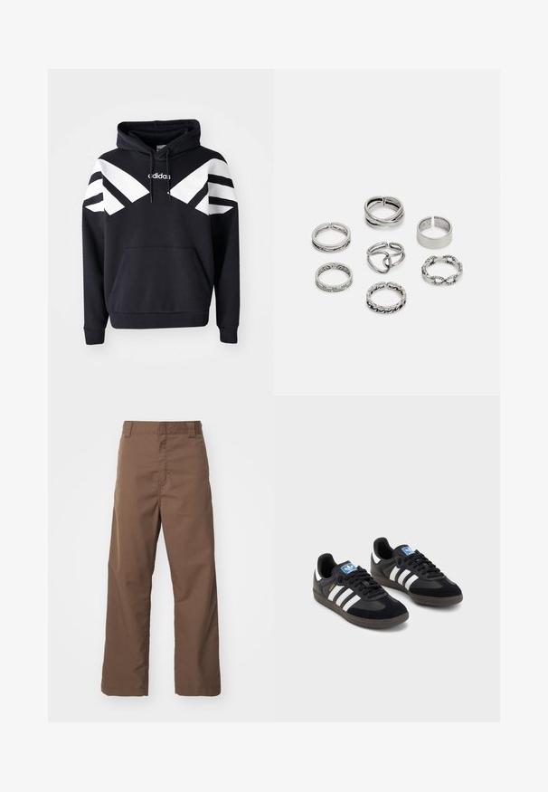 Schwarzer Kapuzenpullover mit weißen diagonalen Streifen über der Brust und den Ärmeln, einer Vorderasche und einem Logo auf der oberen Brust.; Braune gerade geschnittene Hosen aus strapazierfähigem Stoff mit glatter Textur. Mit Gürtelschlaufen und flachen Bunddesign, geeignet für lässige Kleidung.; Schwarze Sneaker mit einem Obermaterial aus Wildleder und Synthetik, ausgestattet mit drei weißen Streifen, einer strukturierten Gummi-Sohle und einem blauen Logo-Tag auf der Zunge.; Set aus sieben silbernen Ringen mit verschiedenen Designs, einschließlich verdrehter, verbundener und gravierter Muster. Unterschiedliche Formen und Breiten.