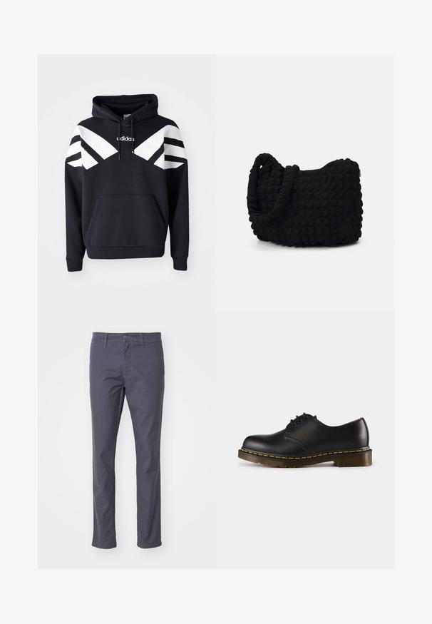 Black hooded sweatshirt featuring white diagonal stripes across the chest and sleeves, front pocket, and logo on the upper chest.; Dark gray chinos made from cotton blend fabric. Features a button and zipper closure, belt loops, and straight leg design.; Black leather shoe with rounded toe, lace-up design, yellow stitching along the sole, and a chunky, textured rubber outsole.; Black fabric bag with a textured, quilted pattern. Rounded shape, short, thick handles, and a soft, flexible structure.; Set of seven silver rings featuring various designs, including twisted, linked, and engraved patterns. Different shapes and widths.