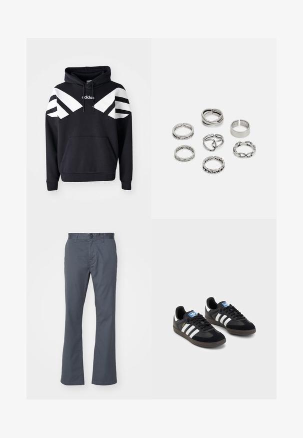 Sweat-shirt à capuche noir avec des rayures blanches diagonales sur la poitrine et les manches, poche avant et logo sur le haut de la poitrine.; Pantalons droits gris foncé en mélange de coton, dotés d'une fermeture à bouton à l'avant, de passants de ceinture et de poches standard. Texture lisse.; Des baskets noires avec une tige en suède et en matériaux synthétiques, dotées de trois rayures blanches, d'une semelle en caoutchouc texturé et d'une étiquette de logo bleue sur la languette.; Ensemble de sept bagues en argent présentant divers designs, notamment des motifs torsadés, entrelacés et gravés. Différentes formes et largeurs.
