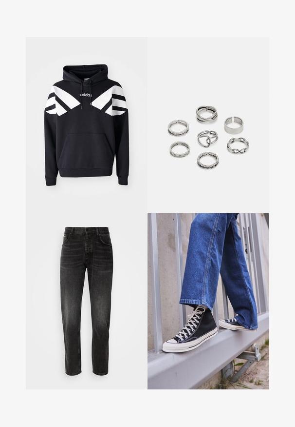 Černá mikina s kapucí, která má bílé diagonální pruhy přes hrudník a rukávy, přední kapsu a logo na horní části hrudníku.; Antony Morato JOE REGULAR - Džíny Straight Fit - nero; Černé vysoké tenisky s bílou podrážkou a tkaničkami, v kombinaci s volnými modrými džíny, odpočívající na šedém zábradlí.; Sada sedmi stříbrných prstenů s různými vzory, včetně zamotaných, propletených a rytých motivů. Různé tvary a šířky.