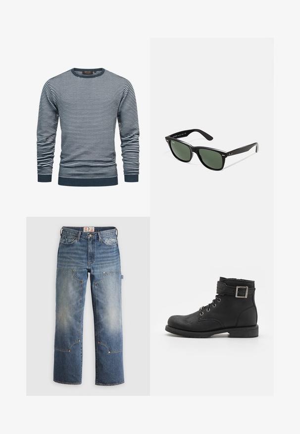 Camisa de manga larga a rayas en navy y blanco, con un cuello y puños acanalados. La tela es suave, con rayas horizontales en toda su extensión.; Camiseta blanca de manga larga con cuello redondo, hecha de una tela suave, con un corte holgado y sin logotipos o patrones visibles.; Jeans de mezclilla azul con un corte holgado, que presentan grandes bolsillos parcheados, herrajes de latón y patrones de costura distintivos. Logo bordado en la cintura.; Botín negro de cuero hasta el tobillo con diseño de cordones, herrajes metálicos y una correa lateral con detalle de hebilla. Suela resistente y textura suave.; Gafas de sol de plástico negro con lentes verdes, montura cuadrada, acento plateado en la ceja y brazos texturizados. Marca indicada en el brazo interno.