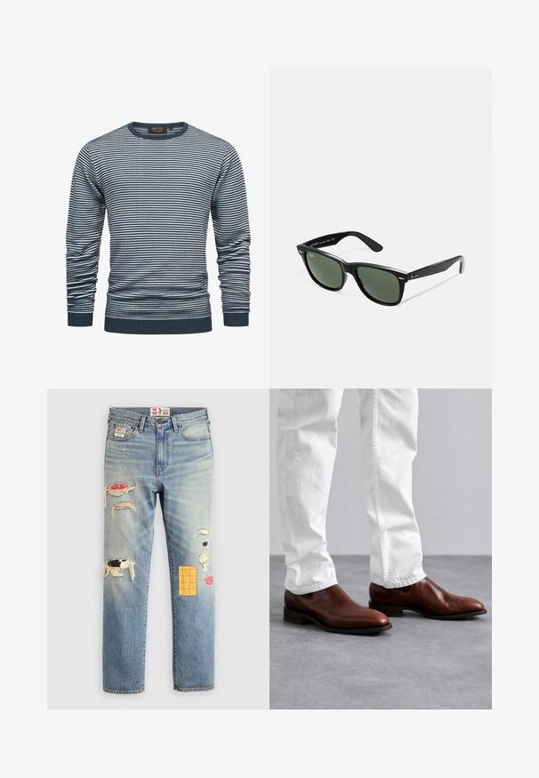 Navy ja valge triibuline pika varrukaga särk, millel on soonikkoes kaelus ja mansetid. Kanga tekstuur on pehme, kogu särk on horisontaalsete triipudega.; Valkoinen pitkähihainen t-paita, jossa on pyöreä kaula-aukko, valmistettu pehmeästä kankaasta, rento malli ilman näkyviä logoja tai kuvioita.; Vaaleansiniset farkut, joissa on rento istuvuus, näyttävät kuluneilta paikoin eri väreillä ja kuvioilla, mukaan lukien oranssit ja punaiset yksityiskohdat.; Ruskeat nahkaiset liukumalliset kengät, joissa on sileä pinta, terävä kärki ja litteä pohja, yhdistettynä valkoisiin slim-fit-housuihin.; Mustat muoviset aurinkolasit, joissa on vihreät linssit, neliönmuotoiset kehykset, hopeinen yksityiskohta kulmakarvojen kohdalla sekä tekstuuriset temppeleiden varret. Brändi ilmoitettu sisävarsissa.