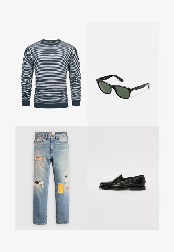 Navy ja valge triibuline pika varrukaga särk, millel on soonikkoes kaelus ja mansetid. Kanga tekstuur on pehme, kogu särk on horisontaalsete triipudega.; Valkoinen pitkähihainen t-paita, jossa on pyöreä kaula-aukko, valmistettu pehmeästä kankaasta, rento malli ilman näkyviä logoja tai kuvioita.; Vaaleansiniset farkut, joissa on rento istuvuus, näyttävät kuluneilta paikoin eri väreillä ja kuvioilla, mukaan lukien oranssit ja punaiset yksityiskohdat.; Musta nahkakengät, joissa on sileä pinta, ommeltu muotoilu, matala korko ja pyöristetty varvas, esittävät klassista siluettia.; Mustat muoviset aurinkolasit, joissa on vihreät linssit, neliönmuotoiset kehykset, hopeinen yksityiskohta kulmakarvojen kohdalla sekä tekstuuriset temppeleiden varret. Brändi ilmoitettu sisävarsissa.