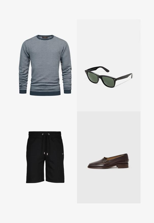 Camicia a maniche lunghe a righe in navy e bianco, con colletto e polsini a costine. Il tessuto è morbido, con righe orizzontali su tutta la superficie.; Maglietta bianca a maniche lunghe con scollatura rotonda, realizzata in tessuto morbido, caratterizzata da una vestibilità comoda e senza loghi o motivi visibili.; Shorts neri in cotone con vita regolabile tramite cordoncino, occhioli argentati e discreto logo sul lato sinistro. Texture liscia e lunghezza fino al ginocchio.; Mocassini in pelle marrone con punta leggermente appuntita, tacco basso e impunture decorative sulla parte superiore. Texture liscia, design minimalista.; Occhiali da sole in plastica nera con lenti verdi, montatura quadrata, dettaglio argento sulla parte superiore e steli con texture. Marchio indicato sulla parte interna dello stelo.