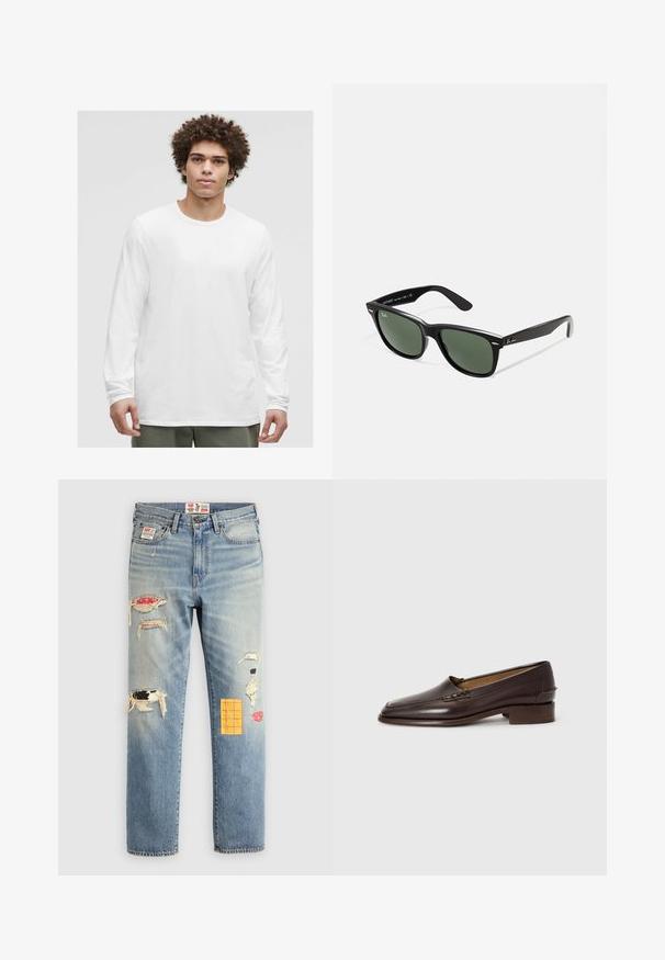 Pruhovaná košeľa s dlhým rukávom v námorníckej a bielej farbe, s rebrovaným výstrihom a manžetami. Materiál je mäkký, s horizontálnymi pruhmi po celom povrchu.; Biela dlhá rukávová tričko s okrúhlym výstrihom, vyrobené z jemnej tkaniny, s voľným strihom a bez viditeľných log alebo vzorov.; Svetlomodré denimové džínsy s voľným strihom, obsahujúce poškodené náplaste v rôznych farbách a vzoroch, vrátane oranžových a červených akcentov.; Hnedé kožené mokasíny s jemne špicatou špičkou, nízkym stohovaným podpätkom a dekoratívnym prešívaním na vrchnáku. Hladká textura, minimalistický dizajn.; Čierne plastové slnečné okuliare so zelenými šošovkami, štvorcové rámy, strieborný akcent na obočí a textúrované ramenné opierky. Brand uvedený na vnútornej strane ramien.
