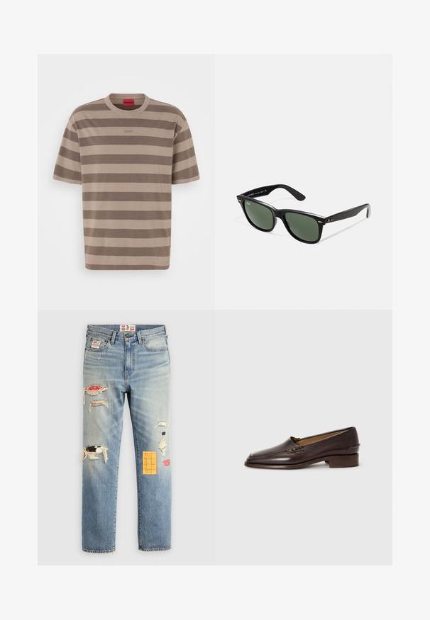 Camisa de manga larga a rayas en navy y blanco, con un cuello y puños acanalados. La tela es suave, con rayas horizontales en toda su extensión.; Camiseta a rayas en marrón y beige con cuello redondo, mangas cortas y un logotipo sutil en el pecho. Textura de algodón suave.; Jeans de mezclilla azul claro con un corte relajado, que presentan parches rasgados en varios colores y patrones, incluyendo acentos en naranja y rojo.; Mocasines de cuero marrón con una puntera ligeramente puntiaguda, tacón bajo apilado y costuras decorativas en la parte superior. Textura suave, diseño minimalista.; Gafas de sol de plástico negro con lentes verdes, montura cuadrada, acento plateado en la ceja y brazos texturizados. Marca indicada en el brazo interno.