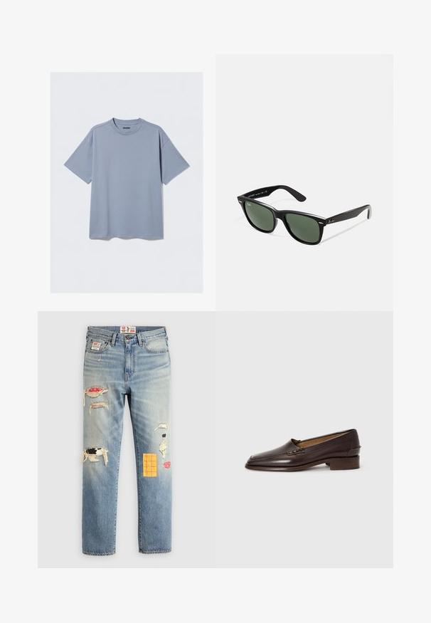 Proužkovaná dlouhá rukávová košile v námořnické modré a bílé barvě, s žebrovaným výstřihem a manžetami. Materiál je měkký a po celé ploše se táhnou horizontální pruhy.; Světle modré tričko s krátkým rukávem, vyrobené z hladké bavlny, s kulatým výstřihem a volným střihem; obsahuje minimální detaily švů.; Svetle modré džíny s volným střihem, s vybledlými nášivkami v různých barvách a designech, včetně oranžových a červených akcentů.; Hnědé kožené loafers s mírně špičatou špičkou, nízkým stohovaným podpatkem a dekorativním šitím na svršku. Hladká textura, minimalistický design.; Černé plastové sluneční brýle se zelenými skly, čtvercové obroučky, stříbrný detail na obočí a texturované stranice. Značka uvedená na vnitřní straně stranic.