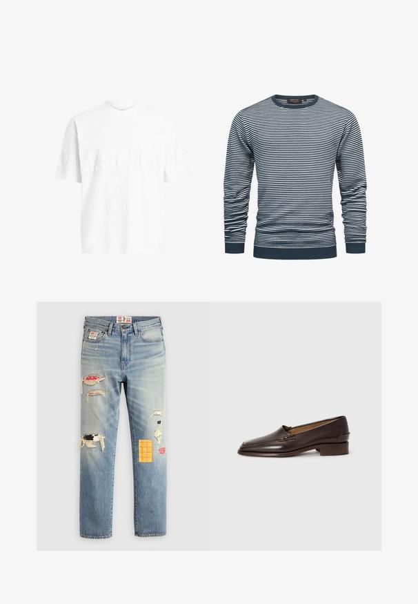 Camisa de manga larga a rayas en navy y blanco, con un cuello y puños acanalados. La tela es suave, con rayas horizontales en toda su extensión.; Camiseta de algodón blanca con mangas cortas y cuello redondo. Presenta un logotipo texturizado "A.SAINTS" y "LONDON" en la parte delantera en un estilo sutilmente en relieve.; Jeans de mezclilla azul claro con un corte relajado, que presentan parches rasgados en varios colores y patrones, incluyendo acentos en naranja y rojo.; Mocasines de cuero marrón con una puntera ligeramente puntiaguda, tacón bajo apilado y costuras decorativas en la parte superior. Textura suave, diseño minimalista.