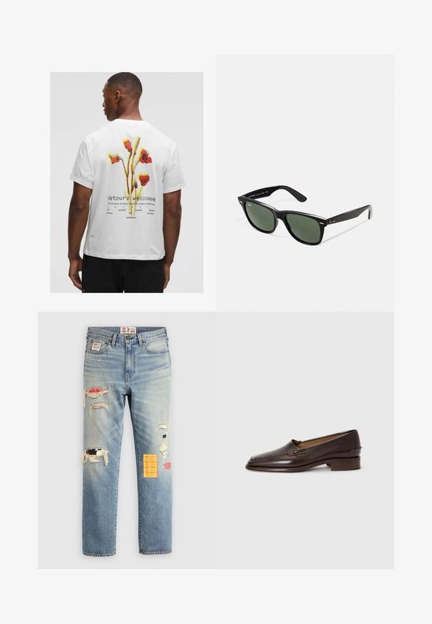 Camicia a maniche lunghe a righe in navy e bianco, con colletto e polsini a costine. Il tessuto è morbido, con righe orizzontali su tutta la superficie.; T-shirt bianco in cotone con una grafica floreale in rosso, giallo e verde sul retro, con la scritta "deviazioni benvenute" e il logo del marchio.; Jeans in denim blu chiaro con vestibilità rilassata, caratterizzati da toppe strappate in vari colori e motivi, inclusi accenti arancioni e rossi.; Mocassini in pelle marrone con punta leggermente appuntita, tacco basso e impunture decorative sulla parte superiore. Texture liscia, design minimalista.; Occhiali da sole in plastica nera con lenti verdi, montatura quadrata, dettaglio argento sulla parte superiore e steli con texture. Marchio indicato sulla parte interna dello stelo.