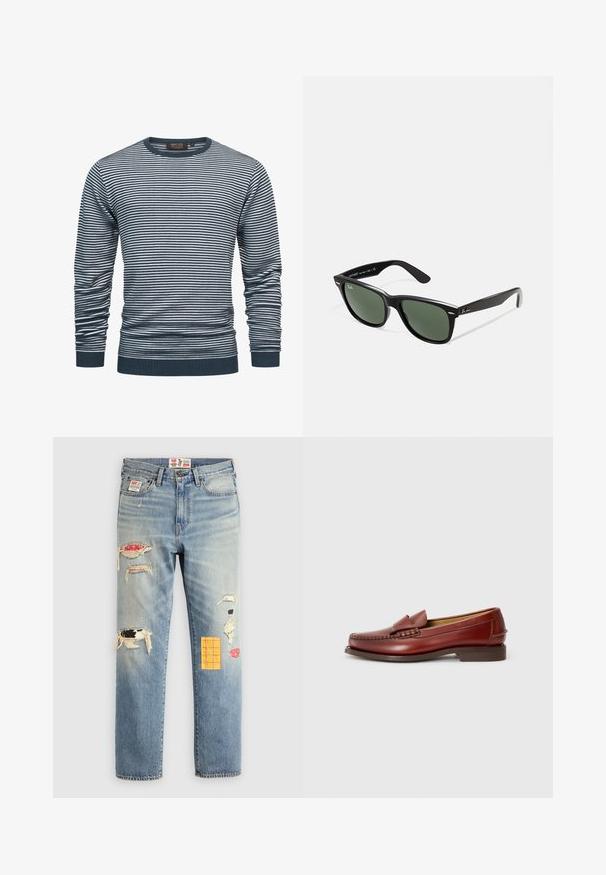 Gestreiftes Langarmshirt in Marineblau und Weiß, mit geripptem Halsauschnitt und Bündchen. Der Stoff ist weich und hat durchgehende horizontale Streifen.; Hellblaue Jeans aus Denim mit lockerer Passform, die ausgefranste Patches in verschiedenen Farben und Mustern aufweisen, darunter orange und rote Akzente.; Braune Leder Slipper mit glatter Oberfläche, dekorativer Naht und einer Quaste an der Vorderseite. Niedriger, einfarbiger brauner Absatz, elegantes Design.; Schwarze Plastiksonnenbrille mit grünen Gläsern, quadratischen Rahmen, silbernem Akzent auf der Augenbraue und strukturierten Bügeln. Angegebene Marke auf dem inneren Bügel.