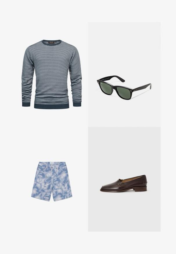 Gestreepte langemouwen shirt in marineblauw en wit, met een geribbelde halslijn en manchetten. De stof is zacht, met horizontale strepen overal.; Lichtblauwe denim shorts met een wolkpatroon. Gemaakt van katoen, hebben ze een klassieke vijf-pocket ontwerp en een knoopsluiting.; Bruine leren loafers met een iets puntige neus, lage gestapelde hak en decoratieve stiksels op de bovenkant. Glad van textuur, minimalistisch design.; Zwarte plastic zonnebril met groene lenzen, vierkante montuur, zilveren accent op de wenkbrauw en een gestructureerde tempel. Merken vermeld op de binnenkant van de arm.