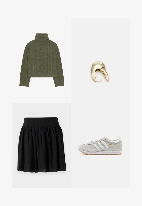 Olijfgroene coltrui met kabelpatroon, met diamantvormige patronen en geribde zoom en manchetten.; Zwarte stoffen rok met een brede tailleband, geplooid ontwerp en een uitlopende vorm. De textuur lijkt glad met een lichte afwerking.; Lichtgrijze sneaker van suede en mesh, met drie witte strepen, ronde neus en een gumrubberen zool. Gouden logo-accent bij de veters.; Gouden metalen oorbel met een slank, gebogen ontwerp. Beschikt over een kenmerkende puntige vorm, gepolijste oppervlakte en scharnier sluiting.