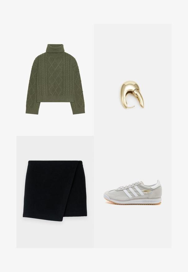 Zielonooliwkowy sweter z golfem o fakturze w warkocze, z diamentowymi wzorami oraz ściągaczami u dołu i przy mankietach.; Czarny wełniany szalik, prostokątny kształt, miękka tekstura, złożony z dbałością o wykończenie, minimalistyczny design, odpowiedni do podtrzymywania ciepła i warstwowania.; Jasnoszare sneakersy wykonane z zamszu i siateczki, z trzema białymi paskami, okrągłym noskiem i gumową podeszwą. Złoty akcent logo w pobliżu sznurowadeł.; Złote metalowe kolczyki o eleganckim, zakrzywionym kształcie. Posiadają charakterystyczny szpiczasty kształt, polerowaną powierzchnię oraz zapięcie na zawias.