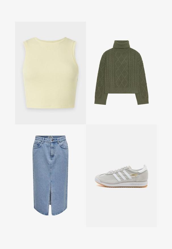 Oliivivihreä turtleneck-paita, jossa on kaapelineulekuvio, timanttimäiset kuviot sekä ribbaushelma ja hihansuut.; Vaaleankeltainen ribbikroppitoppi, jossa on pyöreä pääntie, ilman hihoja ja istuva malli. Silkkinen pinta, hengittävä neulekangas.; Vaaleansininen farkuhame, jossa on suora leikkaus, edessä halkio, viisi taskua ja vetoketjuflappi napilla.; Vaaleanharmaat sneakerit, jotka on valmistettu mokasta ja verkosta, sisältäen kolme valkoista raitaa, pyöreän kärjen ja kumisen pohjan. Kultainen logo yksityiskohta nauhojen läheisyydessä.