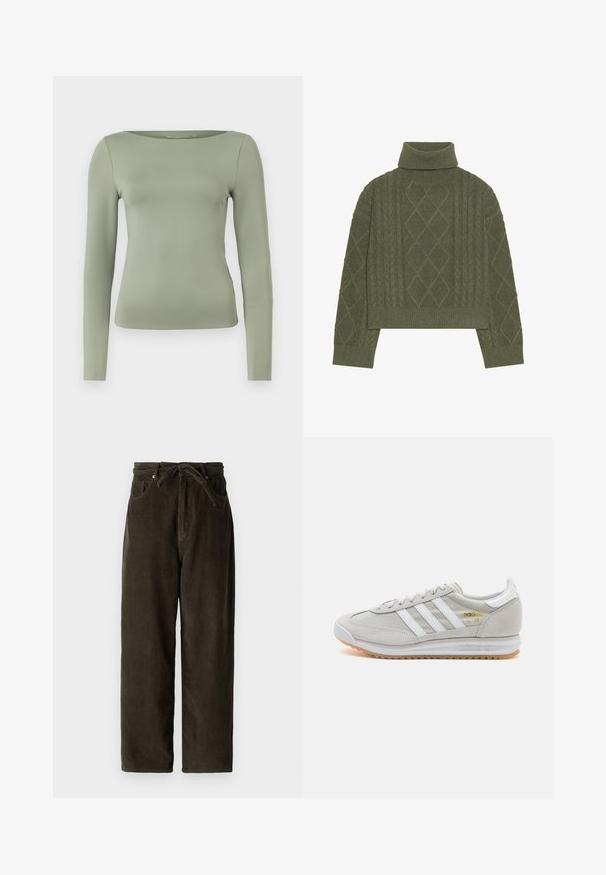 Zielonooliwkowy sweter z golfem o fakturze w warkocze, z diamentowymi wzorami oraz ściągaczami u dołu i przy mankietach.; Długi rękaw, jasn зеленый top, z okrągłym dekoltem i dopasowanym krojem, wykonany z gładkiego, rozciągliwego materiału. Brak wzorów i ozdób.; Ciemnozielone spodnie z korduroy o szerokiej nogawce, z regulowanym paskiem, dwoma przednimi kieszeniami oraz miękkim, teksturowanym materiałem.; Jasnoszare sneakersy wykonane z zamszu i siateczki, z trzema białymi paskami, okrągłym noskiem i gumową podeszwą. Złoty akcent logo w pobliżu sznurowadeł.