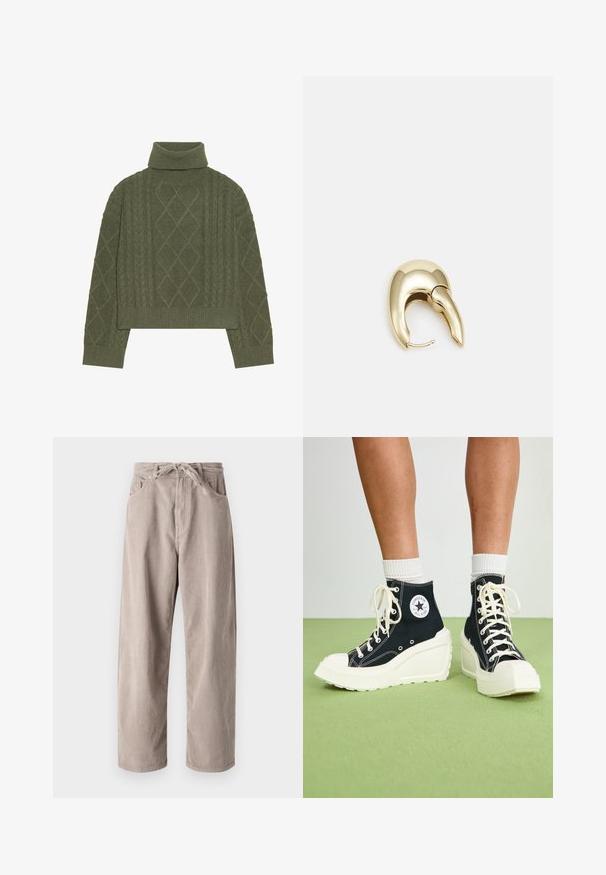 Pulover verde măsliniu cu guler înalt, cu textură tricotată în cablu, având modele în diamant și tiv și manșete cu zăbrele.; Pantaloni bej din catifea cu un croi lejer, având un talie cu șnur, două buzunare frontale și o textură verticală cu rigle.; Adidași negri tip high-top cu o talpă albă ridicată, având șireturi albe și o etichetă logo rotundă pe lateral. Material din pânză texturată.; Cercei din metal de culoare aurie cu un design elegant și curbat. Prezintă o formă distinctivă, ascuțită, o suprafață lustruită și un sistem de închidere cu balama.