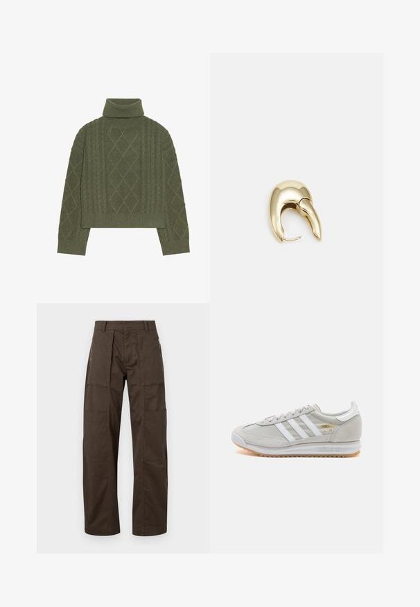 Olivově zelený rolák se vzorem copánků, který obsahuje diamantové vzory a žebrované lemy a manžety.; Hnědé cargo kalhoty vyrobené z pevné látky, s několika kapsami, volným střihem a výraznými švy pro větší odolnost.; Světlé šedé tenisky vyrobené z semiše a síťoviny, se třemi bílými pruhy, kulatou špičkou a gumovou podrážkou. Zlatý logo akcent u šněrování.; Náušnice ve zlatém tónu z kovu s elegantním zakřiveným designem. Vyznačují se jedinečným špičatým tvarem, lesklým povrchem a závěsem na kloub.