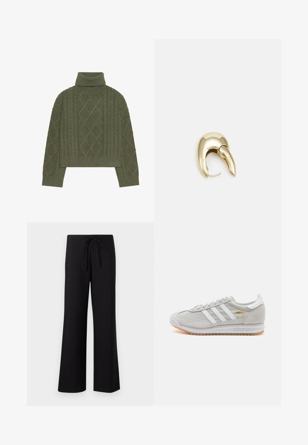 Suéter de cuello alto verde oliva con textura de punto trenzado, presentando patrones de diamante y un dobladillo y puños acanalados.; Pantalones de pierna ancha negros, confeccionados en un tejido suave, con una cintura elástica y una textura lisa, diseñados para la comodidad y la versatilidad.; Zapatilla de color gris claro hecha de ante y malla, con tres franjas blancas, punta redonda y suela de goma. Acento en logo dorado cerca de los cordones.; Pendiente de metal en tono dorado con un diseño elegante y curvado. Presenta una forma puntiaguda distintiva, superficie pulida y cierre de bisagra.