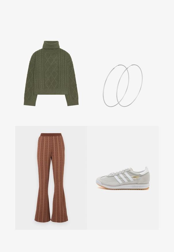 Alyvuogių žalias turtlenekas su kabelių raštu, turintis deimantų formas ir raukšlėtą apykaklę bei rankogalius.; Rudos platėjantys kelnes su raštu, kuriame yra vertikalios juostos ir geometriniai formos. Elastinga juosmens juosta, minkšta tekstūra.; Šviesiai pilki sportbačiai, pagaminti iš zomšos ir tinklinės medžiagos, su trimis baltais dryžiais, apvaliu pirštu ir guma padu. Auksinė logotipo detalė šalia raištelių.; Sidabrinės pusmėnulio auskarai minimalistiniu dizainu. Apskritimo forma, lygus paviršius ir plonas profilis. Lengvi su poliruotu apdailu.