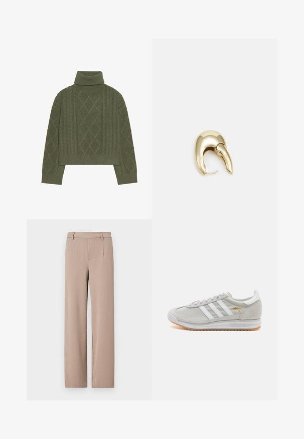 Olivnozeleni pulover s turtleneck iz kabelskega pletenja, z diamanti in rebrastim robom ter manšetami.; Svetlo bež hlače z ravnim krojem, krojenjem po meri in sprednjimi žepi z gladko teksturo in pasom.; Svetlo sivi tenisice od antilopa i mrežaste tkanine, s tri bijele pruge, okruglim vrhom i gumenim potplatom. Zlatni logo akcent blizu vezica.; Uhane nakit iz zlatastega tona z gladko, ukrivljeno zasnovo. Ima edinstveno koničasto obliko, polirano površino in zaponko s tečajem.