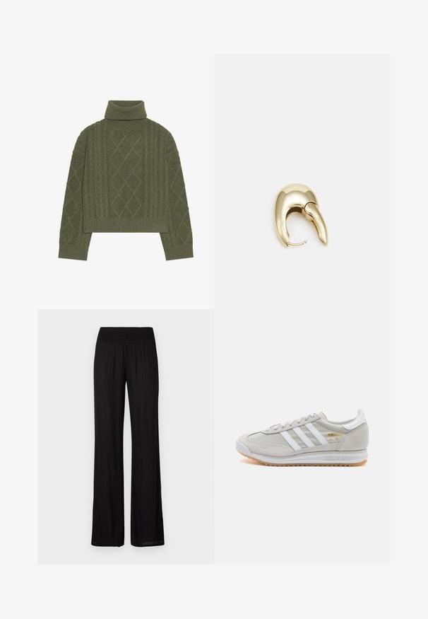 Zielonooliwkowy sweter z golfem o fakturze w warkocze, z diamentowymi wzorami oraz ściągaczami u dołu i przy mankietach.; Czarne szerokie spodnie z marszczonym paskiem w talii, wykonane z lekkiego materiału o subtelnej teksturze oraz prostym, luźnym kroju.; Jasnoszare sneakersy wykonane z zamszu i siateczki, z trzema białymi paskami, okrągłym noskiem i gumową podeszwą. Złoty akcent logo w pobliżu sznurowadeł.; Złote metalowe kolczyki o eleganckim, zakrzywionym kształcie. Posiadają charakterystyczny szpiczasty kształt, polerowaną powierzchnię oraz zapięcie na zawias.