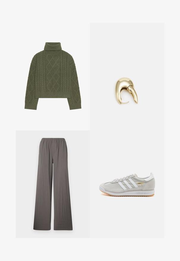 Olivengrüner Rollkragenpullover mit Kabelstrickstruktur, der diamantförmige Muster und gerippte Säume und Bündchen aufweist.; Hosen mit weitem Bein aus einem strukturierten, dunkelgrauen Stoff. Mit elastischem Bund und genähtem Saum.; Hellgraue Sneaker aus Wildleder und Mesh, mit drei weißen Streifen, runder Zehenpartie und einer Sohle aus Gummi. Goldenes Logo-Detail nahe der Schnürsenkel.; Ohrringe aus goldfarbenem Metall mit einem schlanken, geschwungenen Design. Sie verfügen über eine markante, spitze Form, eine polierte Oberfläche und einen Scharnierverschluss.