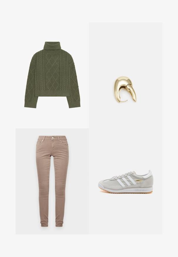 Olivnozeleni pulover s turtleneck iz kabelskega pletenja, z diamanti in rebrastim robom ter manšetami.; Svetlo rjave skinny hlače iz tkanine, s klasičnim dizajnom petih žepov, zadrgo in subtilno teksturirano površino.; Svetlo sivi tenisice od antilopa i mrežaste tkanine, s tri bijele pruge, okruglim vrhom i gumenim potplatom. Zlatni logo akcent blizu vezica.; Uhane nakit iz zlatastega tona z gladko, ukrivljeno zasnovo. Ima edinstveno koničasto obliko, polirano površino in zaponko s tečajem.