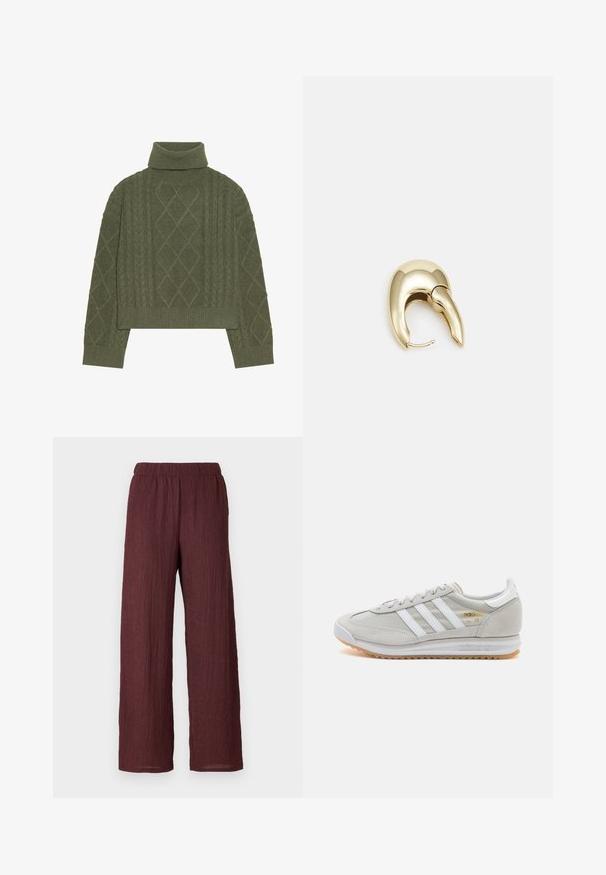 Olivově zelený rolák se vzorem copánků, který obsahuje diamantové vzory a žebrované lemy a manžety.; Burgundské kalhoty s širokými nohavicemi vyrobené z texturované, zmačkané látky. Mají elastický pas a padají rovně ke kotníkům.; Světlé šedé tenisky vyrobené z semiše a síťoviny, se třemi bílými pruhy, kulatou špičkou a gumovou podrážkou. Zlatý logo akcent u šněrování.; Náušnice ve zlatém tónu z kovu s elegantním zakřiveným designem. Vyznačují se jedinečným špičatým tvarem, lesklým povrchem a závěsem na kloub.