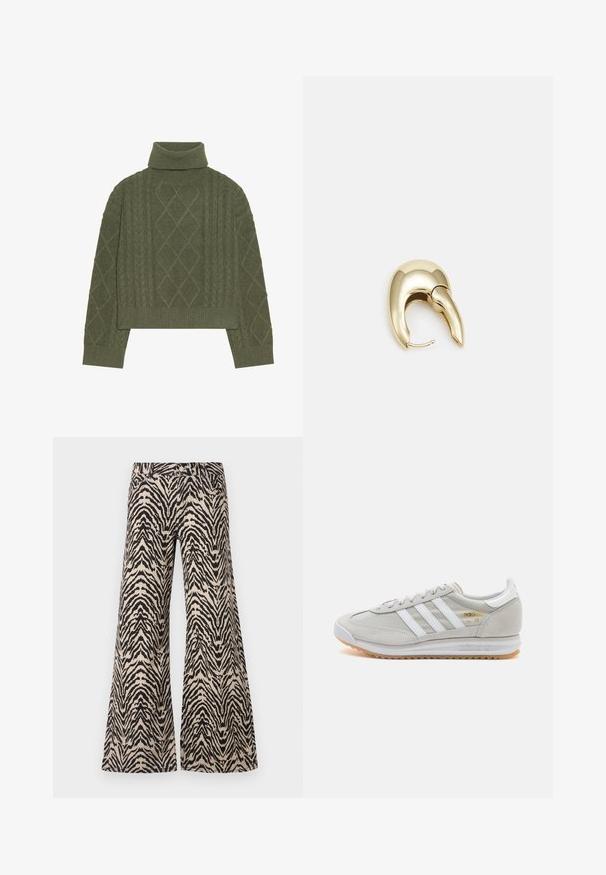 Suéter de cuello alto verde oliva con textura de punto trenzado, presentando patrones de diamante y un dobladillo y puños acanalados.; Pantalones de pierna ancha hechos de una tela con un patrón de cebra en color beige y negro, con una cintura alta y un diseño tradicional de cinco bolsillos.; Zapatilla de color gris claro hecha de ante y malla, con tres franjas blancas, punta redonda y suela de goma. Acento en logo dorado cerca de los cordones.; Pendiente de metal en tono dorado con un diseño elegante y curvado. Presenta una forma puntiaguda distintiva, superficie pulida y cierre de bisagra.