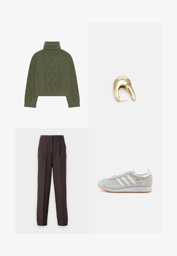 Olive green turtleneck sweater with cable knit texture, featuring diamond patterns and ribbed hem and cuffs.; JJXX JXELLIS WIDE - Trousers - seal brown; Light grey sneaker made of suede and mesh, featuring three white stripes, round toe, and a gum rubber sole. Gold logo accent near laces.; Gold-tone metal earring with a sleek, curved design. Features a distinctive pointed shape, polished surface, and hinge closure.