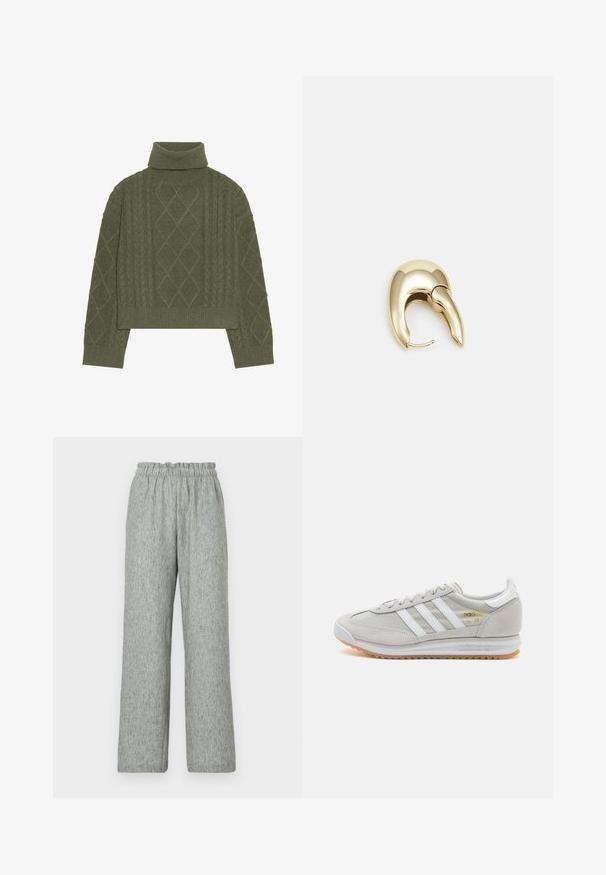 Suéter de cuello alto verde oliva con textura de punto trenzado, presentando patrones de diamante y un dobladillo y puños acanalados.; Pantalones de pierna ancha en gris claro, confeccionados en una tela texturizada, con cintura elástica. El diseño tiene un ajuste relajado sin adornos adicionales.; Zapatilla de color gris claro hecha de ante y malla, con tres franjas blancas, punta redonda y suela de goma. Acento en logo dorado cerca de los cordones.; Pendiente de metal en tono dorado con un diseño elegante y curvado. Presenta una forma puntiaguda distintiva, superficie pulida y cierre de bisagra.