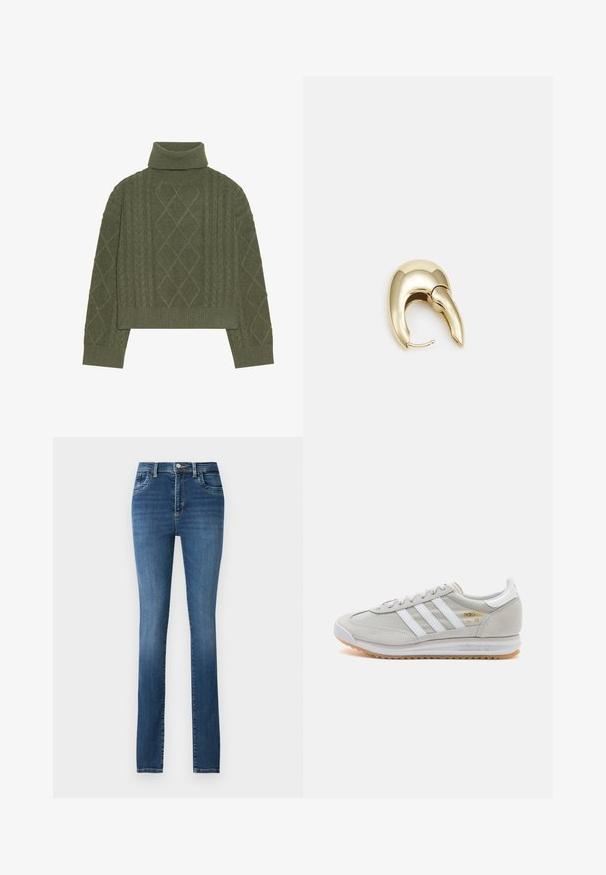 Suéter de cuello alto verde oliva con textura de punto trenzado, presentando patrones de diamante y un dobladillo y puños acanalados.; Vaqueros de mezclilla azul con corte recto, cinco bolsillos, cierre de botón y cremallera, y un lavado desgastado con sutiles detalles de arrugas.; Zapatilla de color gris claro hecha de ante y malla, con tres franjas blancas, punta redonda y suela de goma. Acento en logo dorado cerca de los cordones.; Pendiente de metal en tono dorado con un diseño elegante y curvado. Presenta una forma puntiaguda distintiva, superficie pulida y cierre de bisagra.