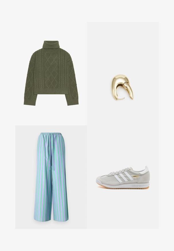 Olive green turtleneck sweater with cable knit texture, featuring diamond patterns and ribbed hem and cuffs.; Lightweight, loose-fitting pants in purple with green vertical stripes. Features an elastic waistband and drawstring detail.; Light grey sneaker made of suede and mesh, featuring three white stripes, round toe, and a gum rubber sole. Gold logo accent near laces.; Gold-tone metal earring with a sleek, curved design. Features a distinctive pointed shape, polished surface, and hinge closure.