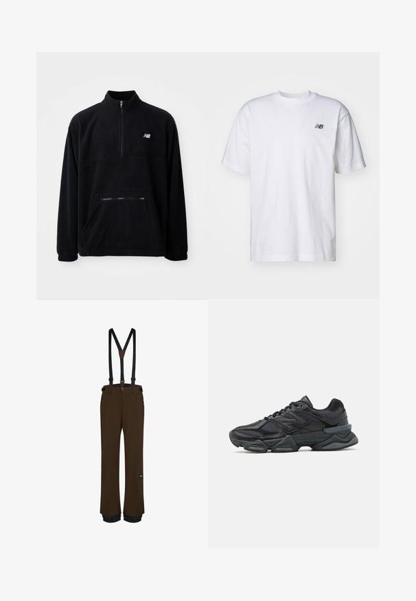 Melnā flīsa jaka ar pus-izvietojuma apkakli, priekšējo kabatu ar rāvējslēdzēju un izšūtu logo uz krūtīm. Mīksta tekstūra un brīvs pielāgojums.; Balta īsām piedurknēm T-kreklā ar apaļu kakla izgriezumu, uz kura kreisā krūšu daļā ir neliela melna New Balance logo, pret vienkāršu fona.; Brūnas snovborda bikses ar regulējamiem melniem piekļautājiem, kabatām ar rāvējslēdzējiem, pastiprinātiem apakšmalām un logotipa uzlīmi uz augšstilba.; Melna skriešanas apavi ar jauktu acu audumu un sintētiskiem materiāliem, masīvu zoli, izliekta dizaina elementiem un izteiktu zīmola logotipu uz sāniem.