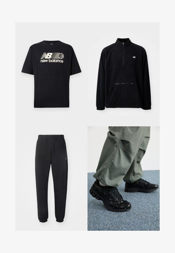 Pullover de fleece preto com gola de meio-zip, bolso frontal com fecho de correr e logótipo bordado no peito. Textura suave e corte descontraído.; T-shirt de algodão preto com mangas curtas, apresentando um logo "New Balance" em cor creme e um gráfico de basquetebol na parte frontal.; Calças de treino pretas feitas de material suave, com cintura elástica, cordão e punhos ajustados, apresentando um logótipo discreto na lateral.; Sapatilhas desportivas pretas com texturas brilhantes e de malha, apresentando uma sola grossa e atacadores, combinadas com calças cargo largas de cor verde-oliva.