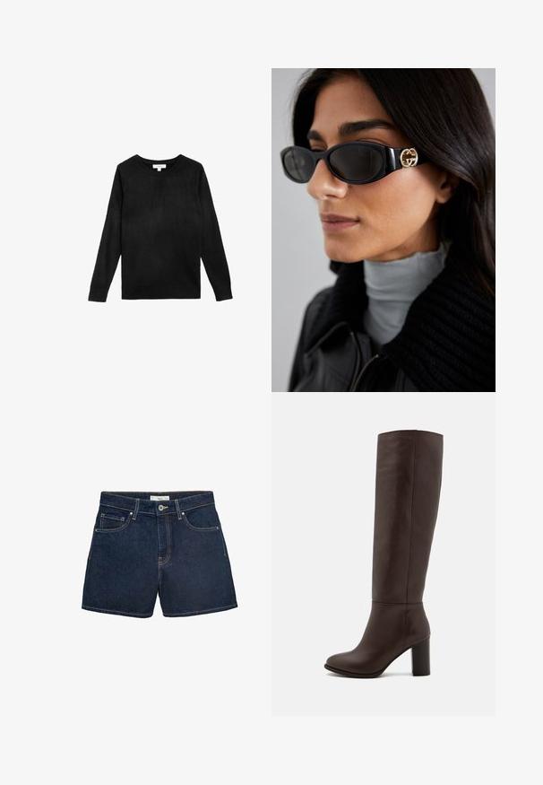 Czarny dziany sweter z okrągłym dekoltem, długimi rękawami oraz ściągaczami na mankietach i dole. Miękka tekstura i prosty design bez wzorów.; Szorty dżinsowe w ciemnym niebieskim kolorze, z dopasowanym paskiem w talii, pięcioma kieszeniami i kontrastowym szwem wokół brzegów. Klasyczne zapięcie na guzik.; Brązowy skórzany boot na wysokości kolan z grubym obcasem, gładką fakturą, zaokrąglonym noskiem i minimalnymi detalami w szwie.; Czarne okulary przeciwsłoneczne o eleganckim, prostokątnym kształcie z logo w kolorze złotym na boku. Ciemne soczewki i błyszczące wykończenie są wyraźnie widoczne.