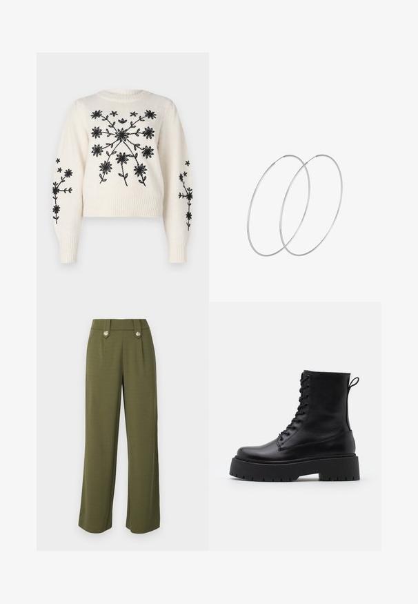 Kreemikas kootud kampsun musta lillepatterniga tikandiga, ümarate kaelustega ja ribakuddedega. Disain sisaldab lillemotive esiosas ja varrukatel.; Olivroheline laiad püksid, mis on valmistatud siledast kangast, külgedel on kaks eesmist taskut ja dekoratiivsed hõbedased nupud vöökohtadel.; Mustad mustad nahast pahkluu saapad ümarate varvastega, nööridega esiosas ja paksu kummist talla ning tekstuuritud mustriga. Tagumine tõmbeaas.; Hõbedased rõngastikkaehingad minimalistlikus disainis. Ümar kuju, sile tekstuur ja õhuke profiil. Kerged ning poleeritud viimistlusega.