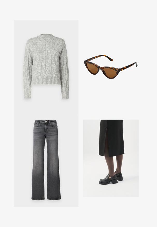 Light gray cable knit sweater with a ribbed hem, crew neck, and long sleeves; features a textured pattern throughout.; Straight-leg dark gray denim jeans with slight fading on thighs and standard five-pocket design against a white background.; Black leather shoes with a rounded toe, thick block heel, and elastic side accents, paired with dark tights and a black skirt with a slit.; Cat-eye sunglasses with a black and orange tortoiseshell frame, brown lenses, and sleek, pointed tips. Features a minimal logo on the temple.