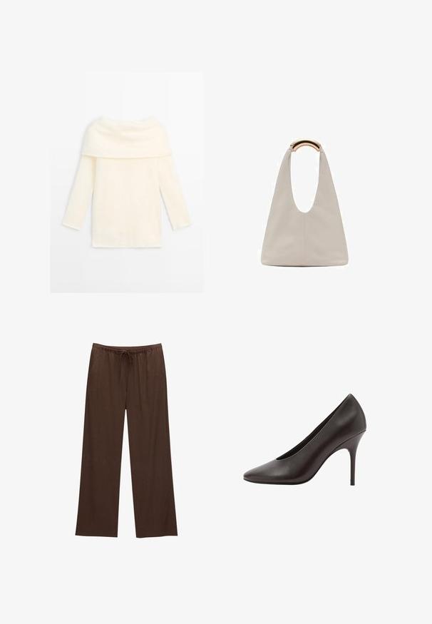 Jasno kremowy sweter z długimi rękawami i szerokim, złożonym kołnierzem typu golf, o miękkiej fakturze i prostym wykończeniu, leżący na białym tle.; Brązowe spodnie szerokie wykonane z miękkiego materiału, z elastycznym paskiem w talii i sznurkiem, oraz dwiema bocznymi kieszeniami.; Czarne skórzane szpilki z ostro zakończonym noskiem, o smukłym obcasie stiletto i gładkim wykończeniu, pokazywane z boku.; Jasnoszara skórzana torba o kształcie litery U z zakrzywionym metalowym uchwytem. Gładka tekstura z minimalnymi szwami i bez widocznych wzorów.
