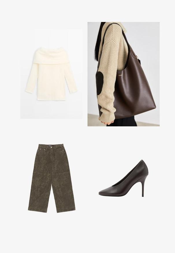 Cremefarbener Langarmpullover mit weitem umgeschlagenem Rollkragen, weicher Textur und geradem Saum, flach auf einem weißen Hintergrund ausgelegt.; Olivgrüne weit geschnittene Jeanshose aus Denim mit strukturiertem Muster, Fünf-Taschen-Design und Knopfverschluss vorne.; Schwarzer Leder-Pumps mit spitz zulaufender Zehenpartie und schlankem Stilettospitz, auf der Seite gezeigt.; Braune Leder-Umhängetasche mit geräumigem Design. Verfügt über eine glatte Textur und ein dezentes Goldenes Logo. Kombiniert mit einem cremefarbenen Strickpullover.