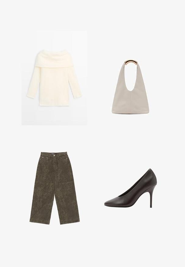 Crème kleurige lange mouwen sweater met brede opgevouwen col, zachte textuur en rechte zoom, plat gelegd op een witte achtergrond.; Olijfgroene wijde broek gemaakt van denim, met een gestructureerd patroon, vijf zakken en een knoopsluiting aan de voorkant.; Zwarte leren pumps met spitse neus en hoge hak, met een slanke stilettohak en een gladde afwerking, zijaanzicht.; Lichtgrijze leren tas met een U-vormig ontwerp en een gebogen metalen handvat. Glad oppervlak met minimale stiksels en geen zichtbare patronen.